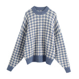 Houndstooth Oversized Knitted Sweater Women Long Sleeve Loose Plaid Pullover Female Autumn Winter Retro Jumper