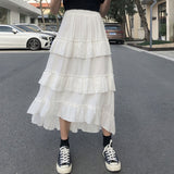 Black Long Skirts Women Gothic High Low Ruched Ruffle High Waist Asymmetrical Midi Skirt Korean Fashion Fairy