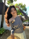 Xixi 2025 Spring New Ins Temperament Shoulder Wool Bottom Shirt Long-Sleeved Knitwear Women's Top