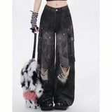Mm Cool Hole Jeans Female Large Size Street Personality Babes Tied Loose Thin Leg
