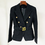 QUALITY New Fashion 2022 Designer Jacket Women's Slim Fitting Double Breasted Lion Buttons Monogram Jacquard Belted
