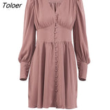 Elegant Puff Sleeve Short Dress Women Sexy V-Neck A-Line Dresses High Waist Single Breasted Pleated Shirt Dress Autumn