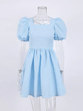 Party Lavender Bandage Backless Dress Chic Puff Sleeves Jacquard Flare Dress Elegant Lady Clubwear Summer Mini