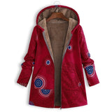 Winter Women's Vintage Printed Coats Warm Plus Size Loose Zipper Hooded Outerwears Casual Long Sleeve Female Wool