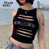 Cyber Y2k Shirt Streetwear Women Top Cut Out Sleeveless Graphic Tees Harajuku 2000s Grunge Crop Tank Tops