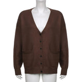 Vintage Solid Brown Oversized Knitted Cardigan Women Casual Loungewear Button Up Lantern Long Sleeve Winter