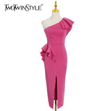 Sexy Dress For Women Ruffles High Waist Diagonal Colalr Sleeveless Ruched Plus Size Split Long Dresses Female