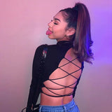8 Colors Sexy Hollow Out Women Long Sleeve Crop Tops Striped Patchwork Drawstring Ribbed Bandage Fitness