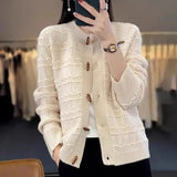 2025 New Retro Buckle Design High-Necked Ladies Knitted Cardigan Pure Color Ocean Sweater