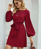 Chiffon solid color plus size loose simple lantern sleeve dress belt slim temperament women's clothing 2020