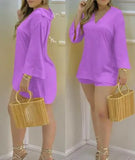 Summer Casaul Women Home Wear Solid Suit Sets Long Sleeve Plain Bell Sleeve V-Neck Top & Pants