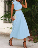 Women Ruffles Backless Crop Top & Maxi Skirt