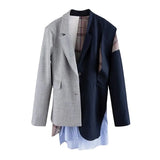 Irregular Striped Blazers For Women Notched Long Sleeve Patchwork Plaid Hit Color Coats Female 2021 Autumn