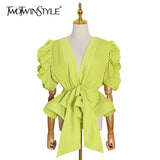 Elegant Loose Women Shirt V Neck Puff Half Sleeve Tunic Lace Up Bow Patchwork Ruffles Blouse Female Fashion