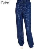 Sequin Sequin Drawstring Casual Pants 2023 Fashion New High Waist Ladies Lace-up