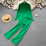Women Casual Knitted Sets Half High Collar Sweater Top+Elastic Wide Leg Long Pants Winter Sweater Two Piece