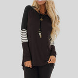 Fashion Women Summer Long Sleeve Patchwork Shirt Ladies Round Neck Loose Casual Solid Tee Shirts