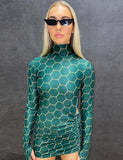 Print Green Turtleneck Sexy Ruched Long Sleeve Mini Club