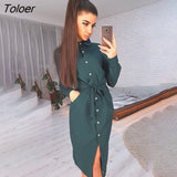 Lady Shirt Dress Fashion Slim Long Sleeve Button Sashes Turn-down Collar Midi Dresses 2022 Spring Autumn Women's