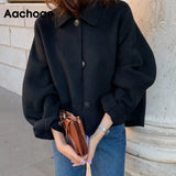 Aachoae 2021 Autumn Winter Women Elegant Solid Color Wool Coats Chic Turn Down Collar Long Sleeve Coat Female Chic