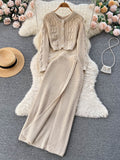 Female Solid OL Knitted Suits Short Button Sweater Cardigan+Midi Long Bodycon Split Skirt Autumn Warm Two Pieces
