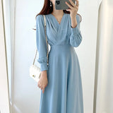 V-neck Puff Sleeve A-line Maxi Dresses for Woman Women Solid Color Midi Robe Korean Office Dresses Elegant Spring