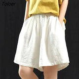 Cotton Linen Loose Shorts for Women Summer Casual Pocket Elastic Waist Shorts Woman 2023 New Wide Leg Short Pants