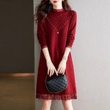 Knitted Dress Women's Autumn And Winter Dress 2024 New Fashion Foreign Style Nailed Bead Sweater Skirt Trend-Outfit