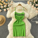 Women Korean Style Mini Dress Summer 2022 Letter Print Vacation Solid Backless Sexy Ladies Party Knit A Line