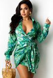 Print Deep-V Sexy Knotted Wrap Blouse