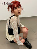 Hollow Out Knitted Pullover T-Shirts Spring Summer Fashion Womens Fairycore Vacation Clothes Long Sleeve Sweater