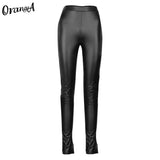 Women Fashion Faux Leather Pants Y2K Trouser Split Pencil Black High Waist Streetwear Elegant Sexy Skinny Slim