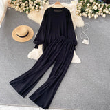 Chic Autumn Winter Women Korean Set Design Casual Loose Irregular Tops+High Waist Wide Leg Long Pants Two Piece