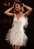 White V-Neck Sleeveless Fringe Mini Club