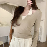 Color Fake Two Slim Long-Sleeved T-Shirts Women's Spring And Autumn New Style Hanging Neck Short Style Underneath Top-Outfit
