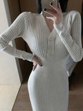 Sexy Long Sleeve V-Neck Knitted Sweater Dress Women Elegant Female Slim One Piece Dresses Korean Office Lady Autumn