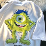 Korean Super Cute Monster Embroidery Cartoon T Shirts Kawaii Teens Oversized Black White Punk Goth Tops Summer Large