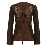 Texture Fabric Vintage Brown Lace Loose Leisure Butterfly Cardigan Jacket Early Autumn 2023-Outfit