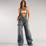 Women's Denim Cloth Jumpsuit Women's Street Multi-Pocket Strap Pants Loose Waist Straight