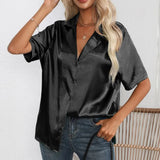 Summer Short Sleeve Shirt Solid Satin Silk Shirt Button Up Blouse Loose Office Ladies Tops Casual Shirts Elegant