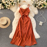 Women Korean Strap Dress Sexy V Neck Sleeveless Elegant Solid Party Dress Summer Off Shoulder A-line Beach Midi