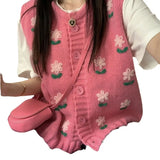 Sweet Flower Embroidered Knitted Vest Girls 2024 Spring And Autumn New Loose Soft Waxy Sweater Back Trend-Outfit