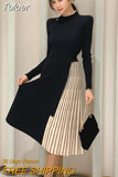 Winter Elegant Women Midi Dress Lady Vintage Casual Chic Knitted Black Stretchy Belt Pleated Street Robe Femme