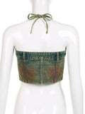 Women's Denim Tank Tops Tie-dye Retro Strapless Lace-up Slim Zipper Off Waist Short Camis 2024 Summernew Fashion 29L3415-Outfit