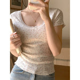 Lace Trim Floral Short Sleeve Tee-Outfit