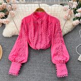 Senior Hook Flowers Autumn Top Temperamant Long Sleeve Single Breasted Loose 2022 Ladies Korean Solid OL Long