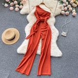 Fashion Sashes Irregular Women Jumpsuits Summer 2022 Solid Temperament Slim Ladies Diagonal Neck Wide Leg