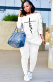 Print Slash Shoulder Shirt and Pants Casual 2 Piece
