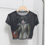 Front Double-Layer Mesh Hot Wood Ear Print Short-Cut Umbilly T-Shirt