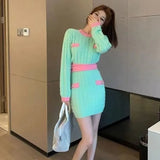 Knit Suit Women New Autumn Contrast Color O Neck Long-sleeved Short Pullover Sweater And Bodycon Mini Skirt 2 Piece